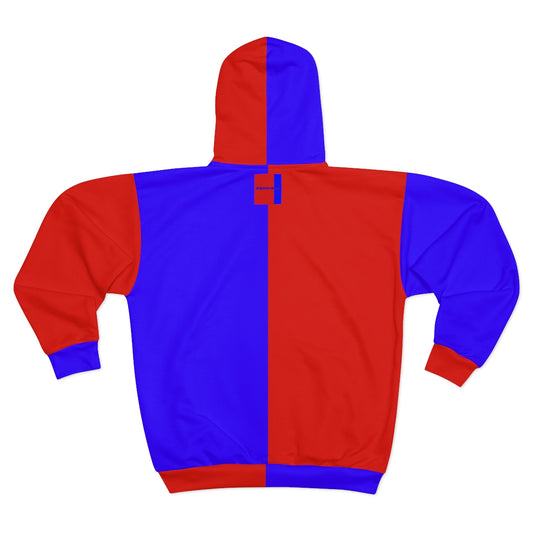 red blue color-block zip hoodie